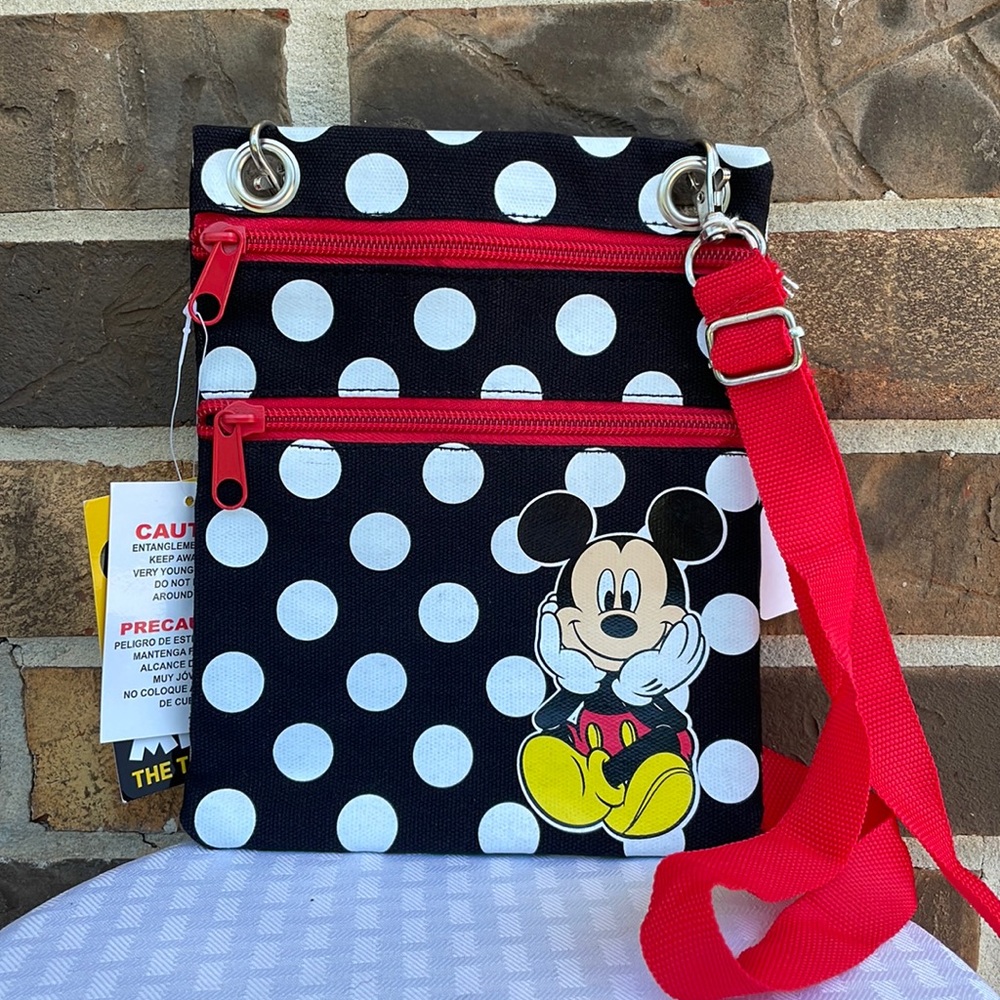 Disney Mickey Mouse Black Passport Bag With White Polka Dots - Picture 1 of 3